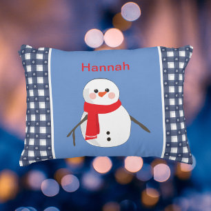 Charming Blue Plaid Snowman with Name Decorative Cushion