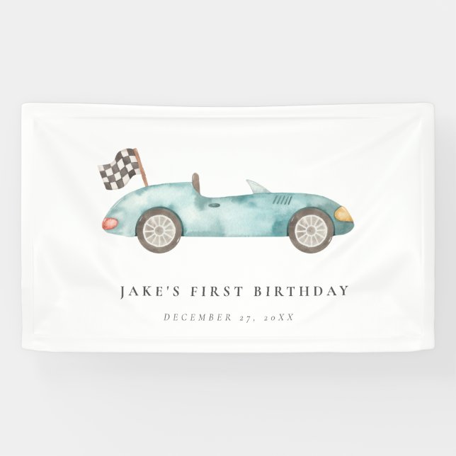 Charming Blue Race Car Birthday  Banner (Horizontal)