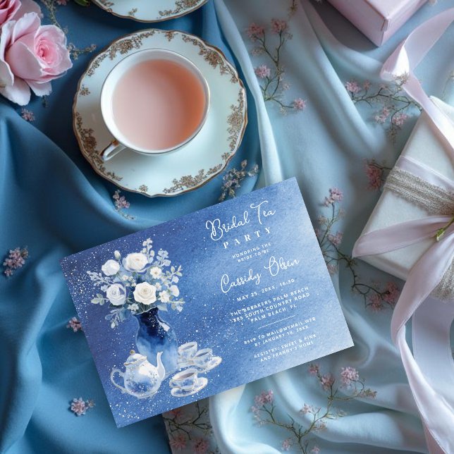 Charming Blue Tones Glitter Wedding Bridal Tea Set Invitation (Charming Blue Tones Glitter Effect Bridal Tea Set Invitation Cards Honoring the Bride to Be.)