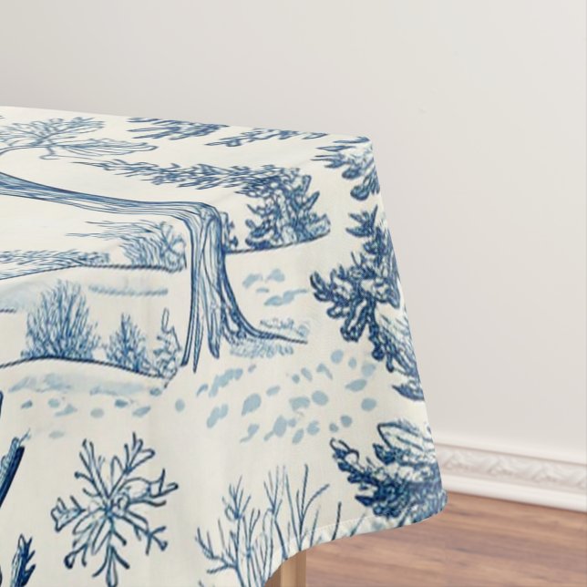 Charming Blue White Winter Christmas Snowy Village Tablecloth (In Situ)