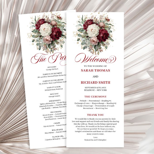 Charming Blush Burgundy Gold Wedding Program Programme (Charming Blush Burgundy Gold Wedding Program)