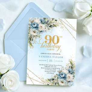 Charming Boho Blue Floral Eucalyptus 90th Birthday Invitation
