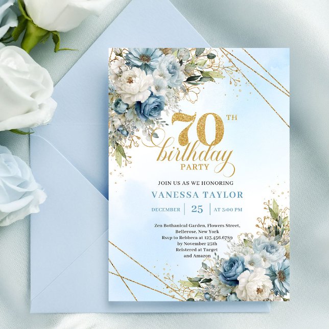 Charming boho blue florals gold frame 70th birthda invitation (Charming boho blue florals gold frame 70th birthday

)