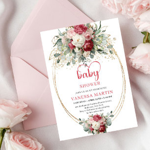 Charming Boho Crimson Red Blush Gold Greenery Baby Invitation