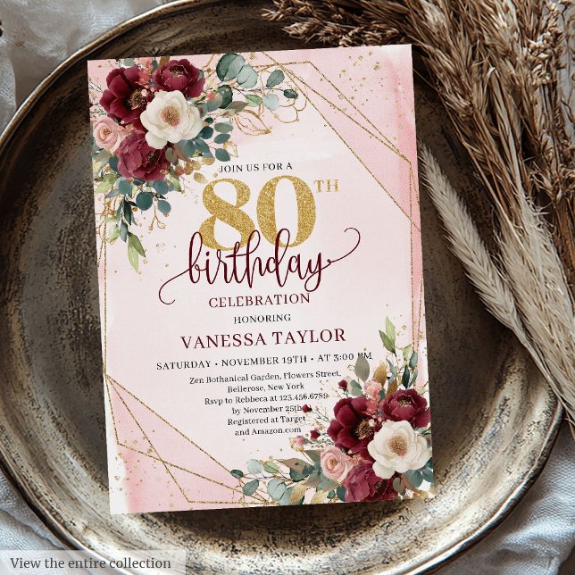 Charming Boho Dark Red Gold Roses 80th Birthday  Invitation (Charming Boho Dark Red Gold Roses 80th Birthday Invitation)
