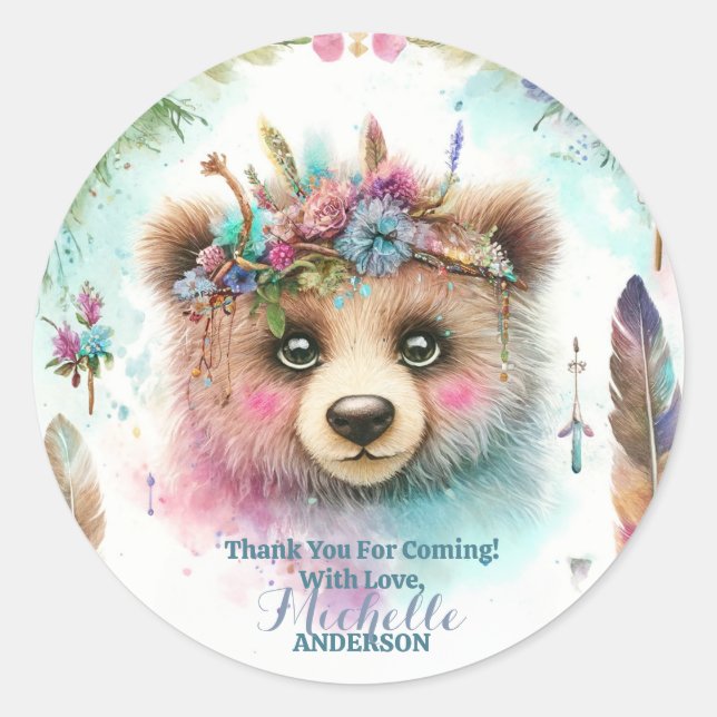 Charming Boho Woodland Bear Watercolor Birthday Classic Round Sticker (Front)