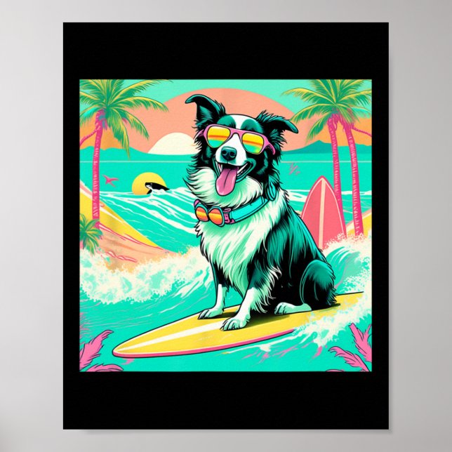 Charming Border Collie Surfing Graphic Beach Vibes Poster (Front)