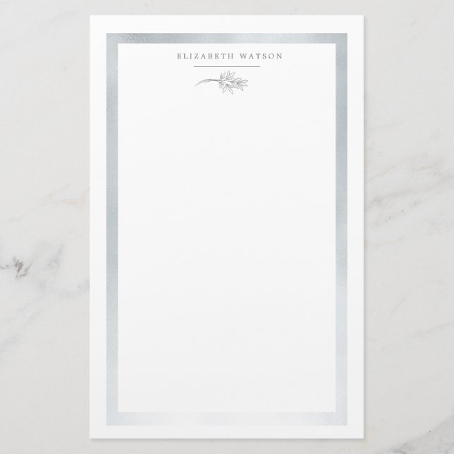 Charming Botanical Silver Monogram Stationery (Front)