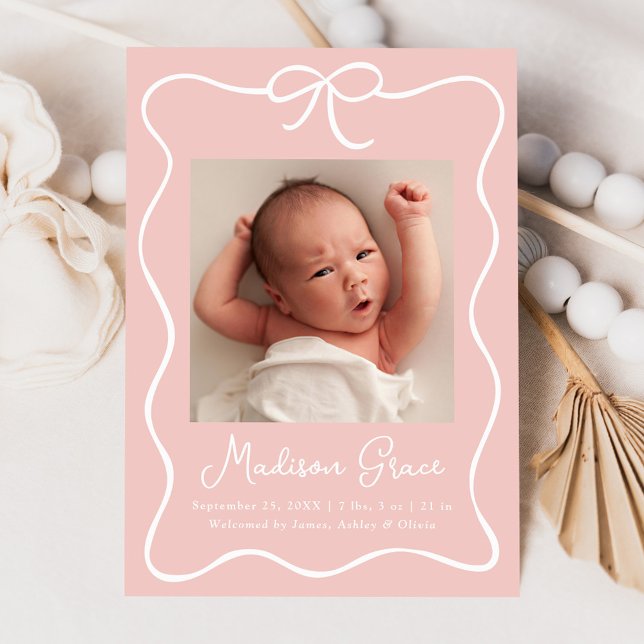 Charming Bow Blush Pink Baby Girl Photo Birth Announcement (Creator Uploaded)