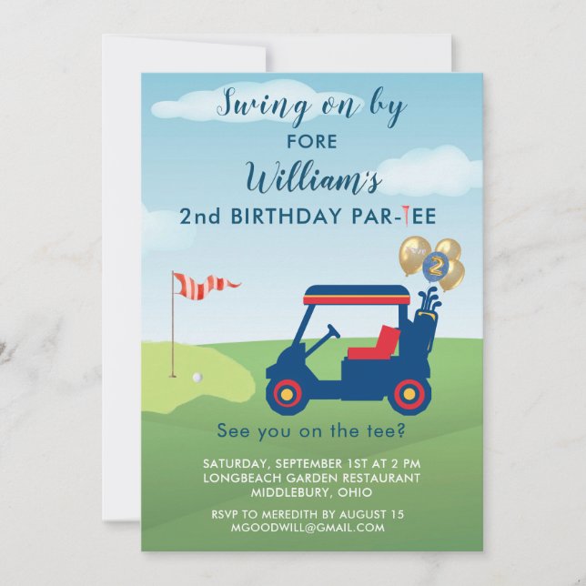 Charming Boy Golf Cart Par-tee 2nd Birthday  Invitation (Front)