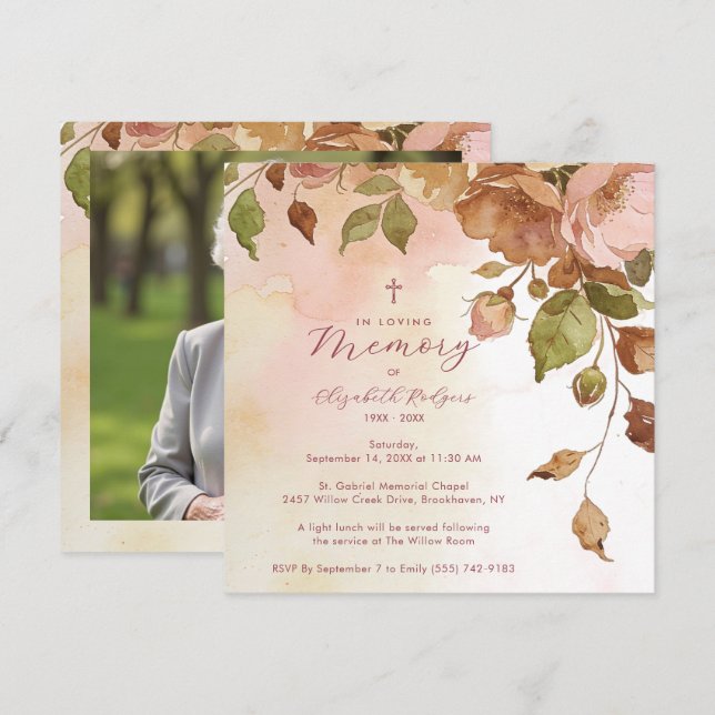 Charming Brown Floral Watercolor Effect Funeral  Invitation (Front/Back)
