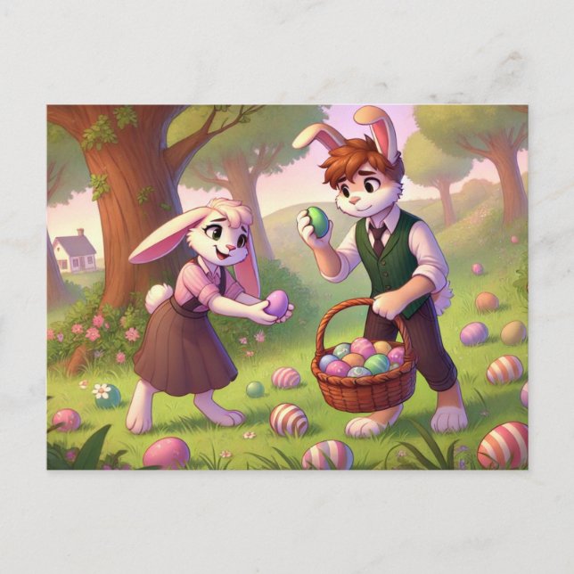 Charming Bunny Easter Egg Hunt Holiday Postcard (Front)