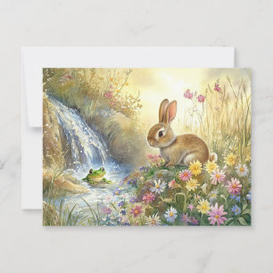 Charming Bunny & Frog Watercolour-style Postcard