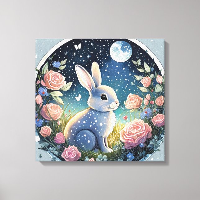 Charming Bunny in a Spring Meadow Under a Starry W Canvas Print (Front)