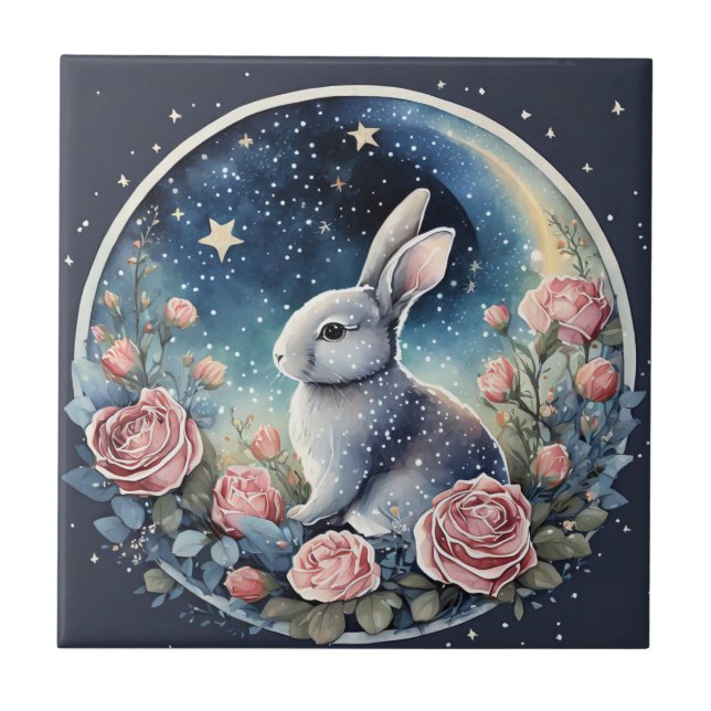 Charming Bunny in a Spring Meadow Under a Starry W Tile (Front)