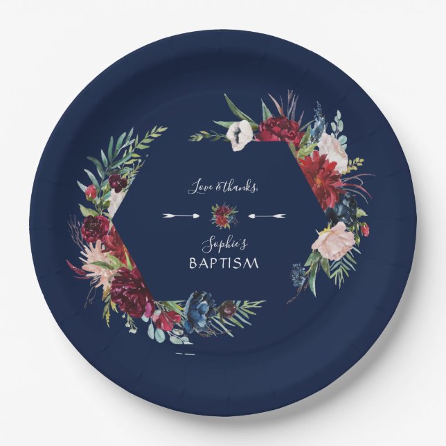 Charming Burgundy Blue Floral Wreath Girl Baptism Paper Plate (Front)