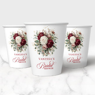 Charming Burgundy Floral Bridal Shower Paper Cups