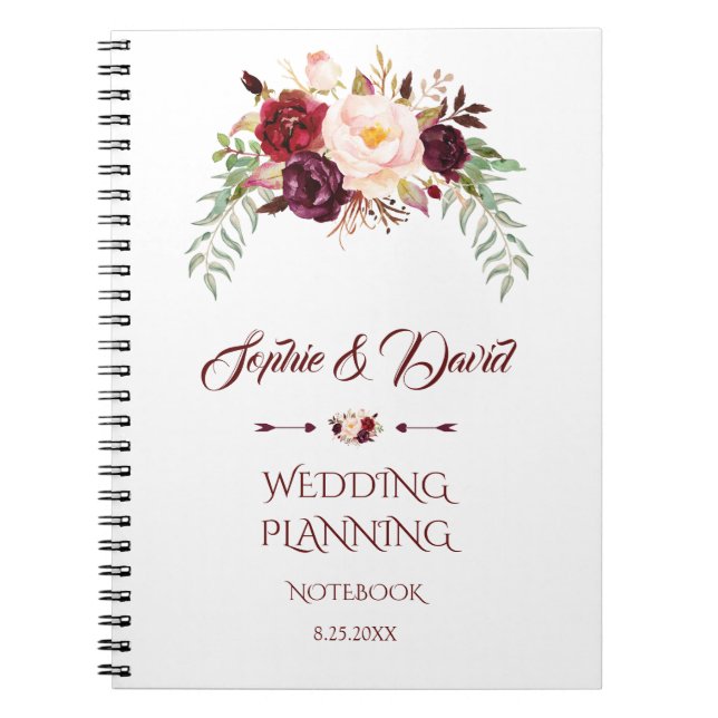 Charming Burgundy Marsala Floral Wedding Planner Notebook (Front)