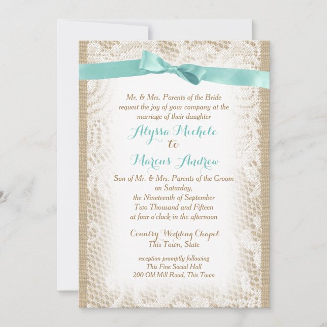 Charming Burlap Bows and Lace Invitation (Front)