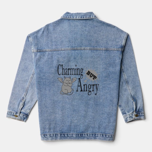 Charming but angry little devil cat funny quote denim jacket (Back)