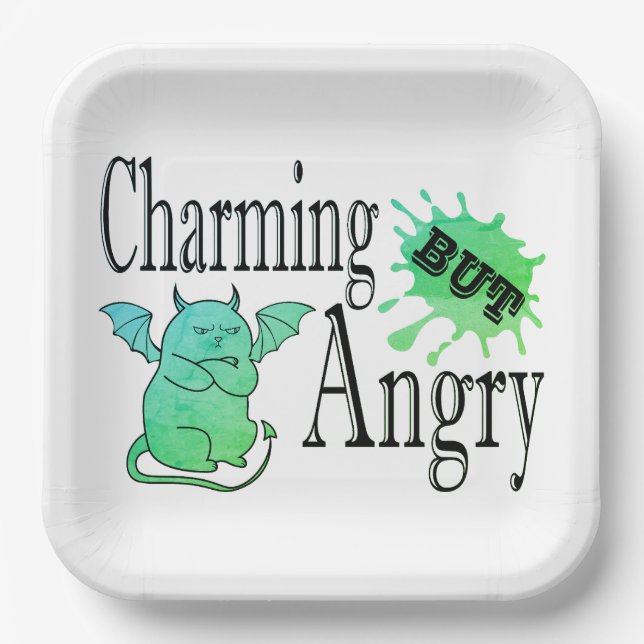 Charming but angry little devil cat funny quote paper plate (Front)