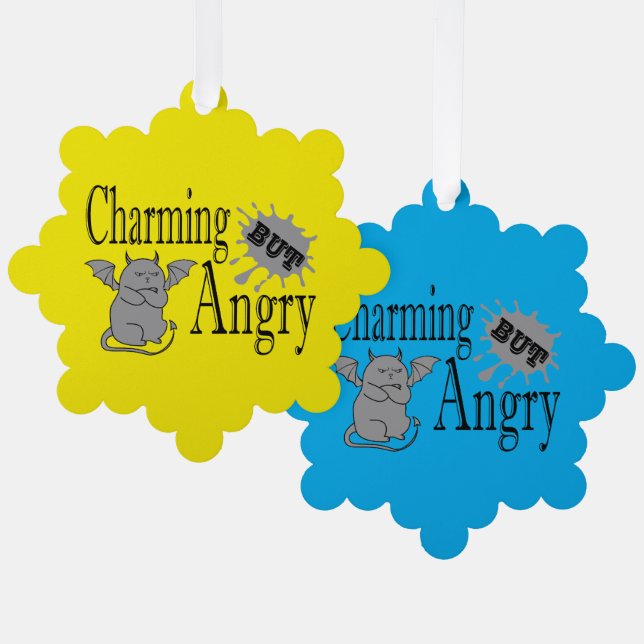 Charming but angry little devil cat funny quote tree decoration card (Front/Back)