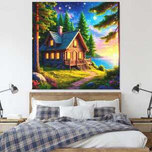 Charming Cabin by a Lake with Starry Sky Canvas Print