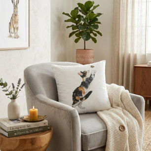Charming Calico Cat & Butterfly Watercolor Throw Cushion