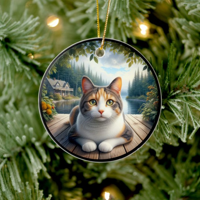 Charming Calico Cat Rustic Scene  Ceramic Tree Decoration (Creator Uploaded)