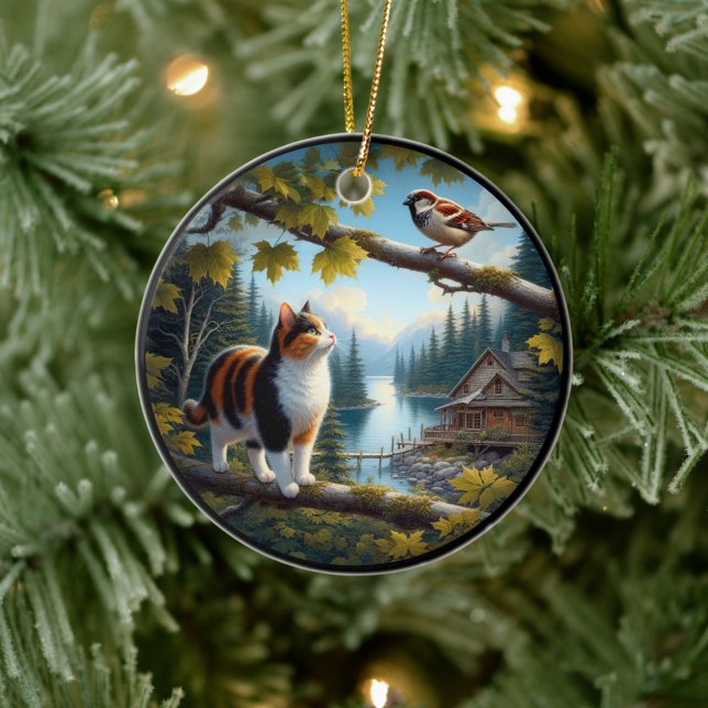 Charming Calico Cat Rustic Scene  Ceramic Tree Decoration (Creator Uploaded)