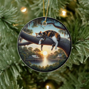 Charming Calico Cat Rustic Scene Ceramic Tree Decoration