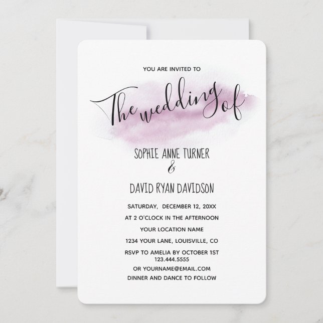 Charming Calligraphy Pink Watercolour Wedding Invitation (Front)