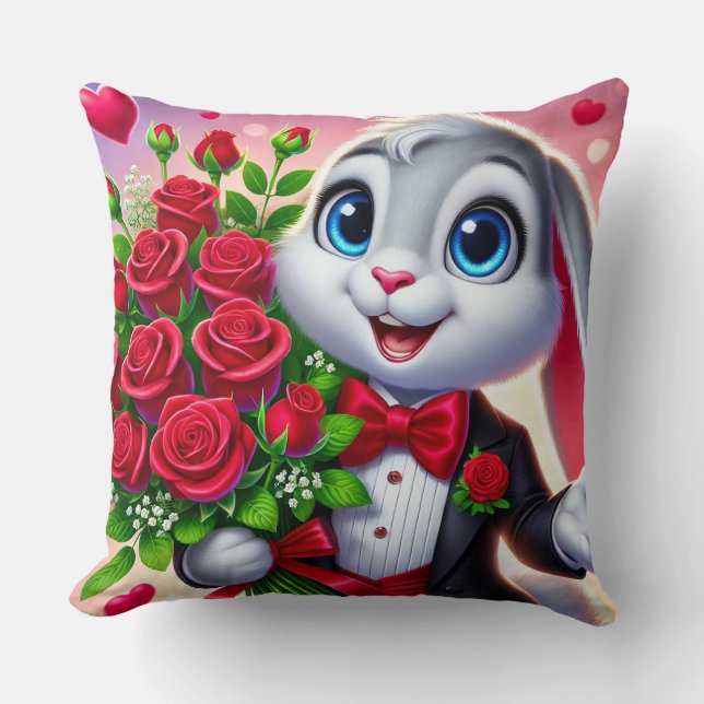 Charming Cartoon Bunny Holding Roses Cushion (Front)