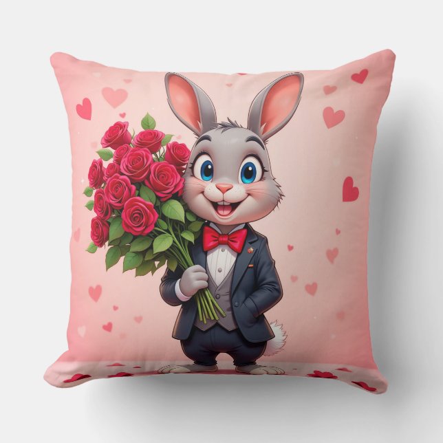 Charming Cartoon Bunny Holding Roses Cushion (Front)