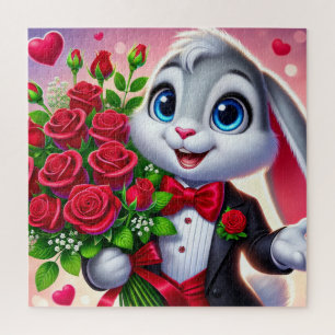 Charming Cartoon Bunny Holding Roses Jigsaw Puzzle