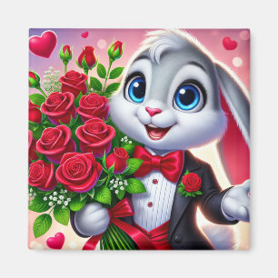 Charming Cartoon Bunny Holding Roses Magnet