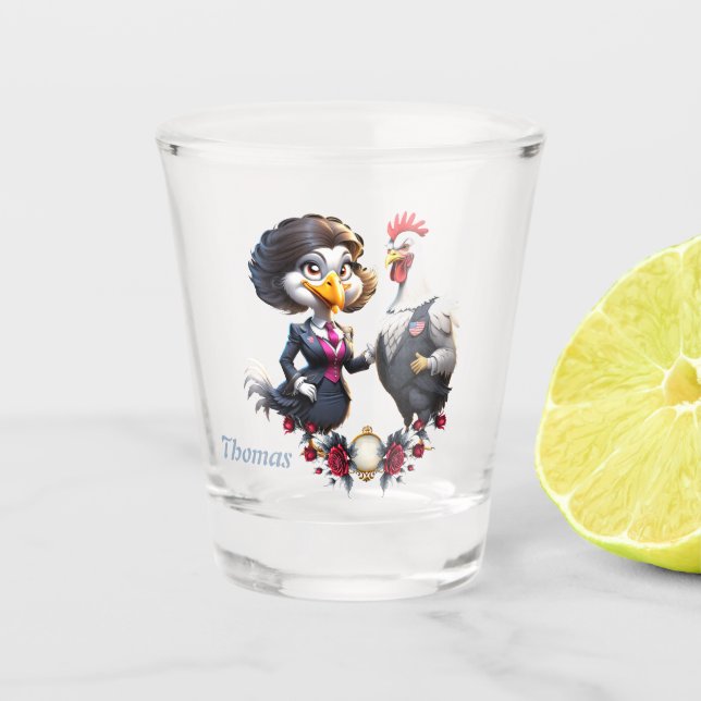 Charming cartoon chicken couple. shot glass (Front)