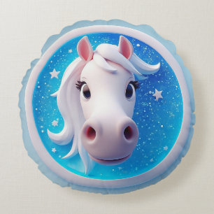 Charming Cartoon Horse Portrait With Stars Round Cushion