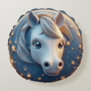 Charming Cartoon Horse Portrait With Stars Round Cushion