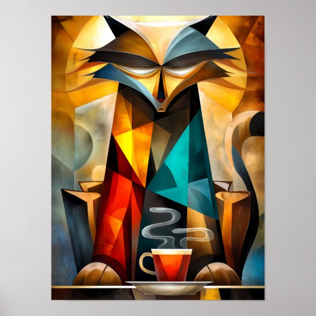 Charming Cat – Cubist Philosopher with Coffee Poster (Front)