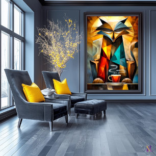 Charming Cat – Cubist Philosopher with Coffee Poster