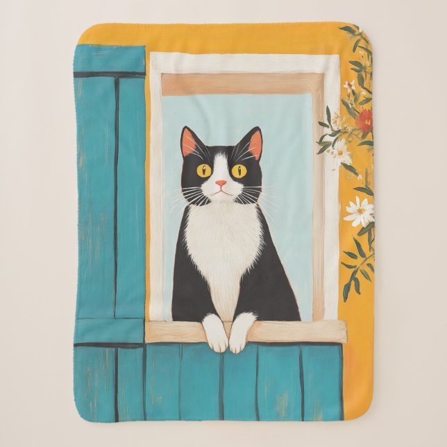 Charming Cat in Window Sherpa Blanket (Front)