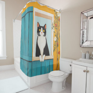 Charming Cat in Window Shower Curtain