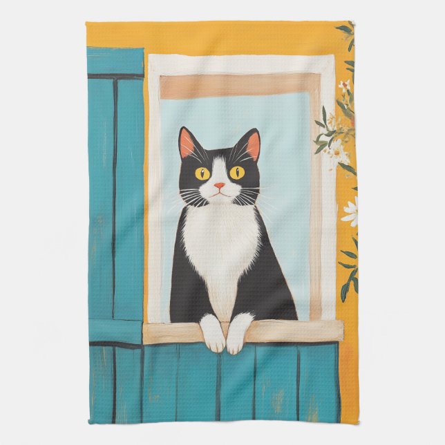 Charming Cat in Window Tea Towel (Vertical)