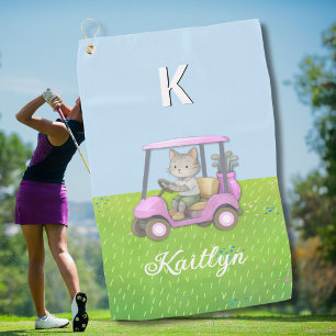 Charming Cat Pink Cart Purr-fectly on Par Golf Towel