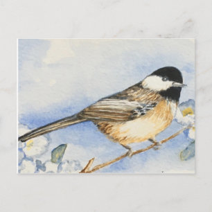 Charming Chickadee Flowers Watercolor Postcard