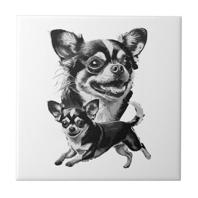 Charming Chihuahua Duo Black and White Pet Tile (Front)