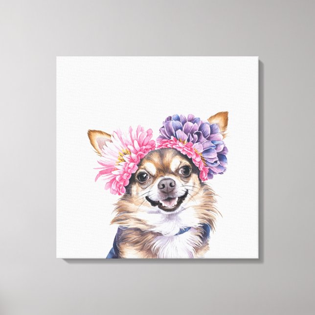 Charming Chihuahua Flower Crown Watercolor Print#2 Canvas Print (Front)