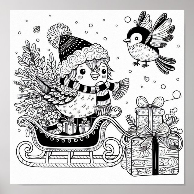 Charming Christmas Bird's Sleigh Ride Colouring  Poster (Front)