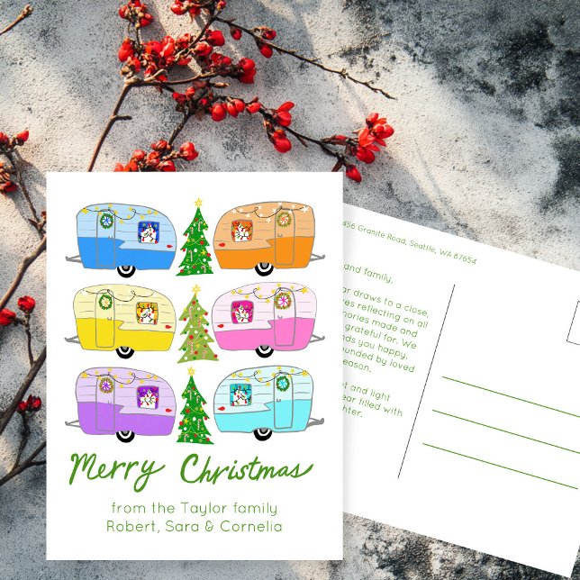 Charming Christmas Camper Vintage Trailer RV Xmas  Postcard (Charming Christmas Camper Vintage Trailer RV Xmas Non-Photo CUSTOM Art Holiday Postcard
)